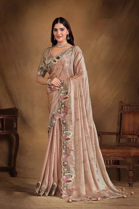 Champagne beige embroidered silk saree with metallic sequin floral motifs