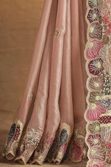 Champagne beige pleated crushed silk saree skirt with embroidered hem