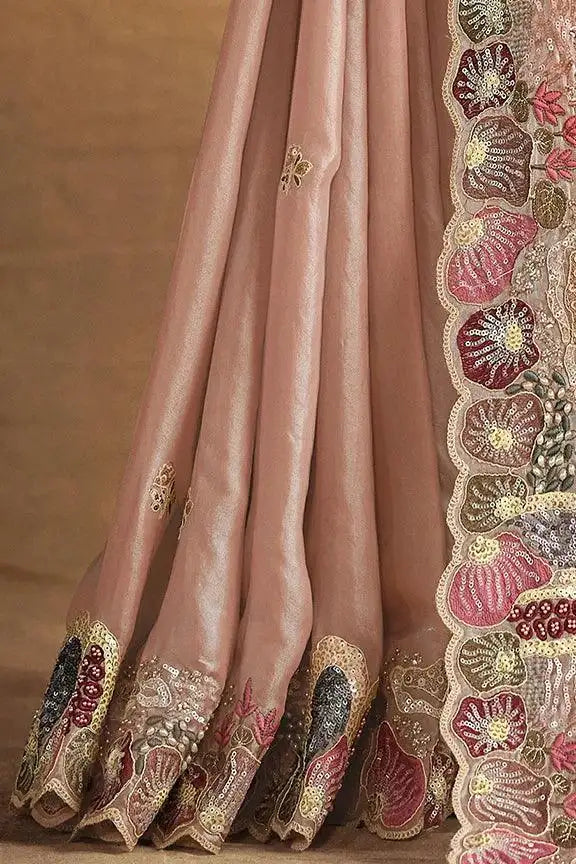 Champagne beige pleated saree skirt with multicolor embroidered border