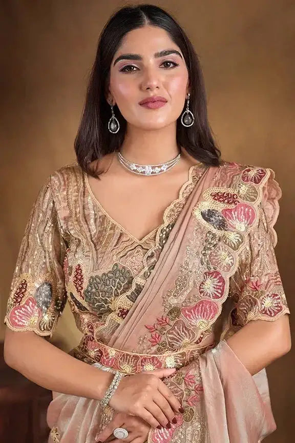 Champagne beige embroidered saree drape with multicolor sequin and beadwork