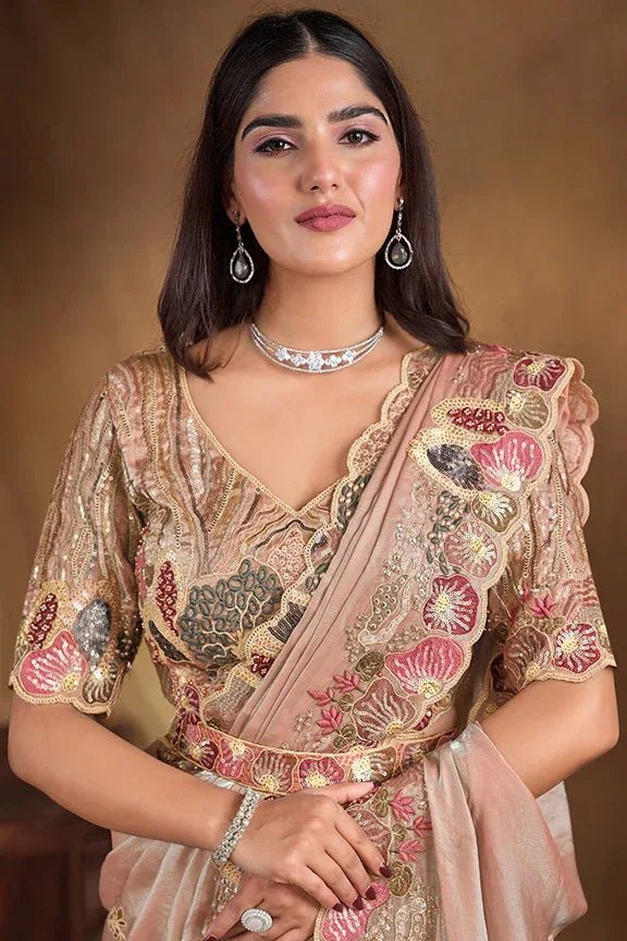 Nayoora Luxe Metallic Champagne Beige Crushed Paper Silk Saree with Belt - Nayoora