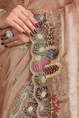 Champagne beige saree fabric detail with sequined floral border and lace trim