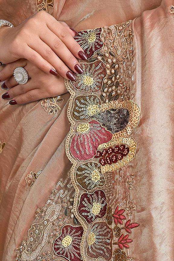 Champagne beige saree fabric with gold, red, and silver sequin floral embroidery