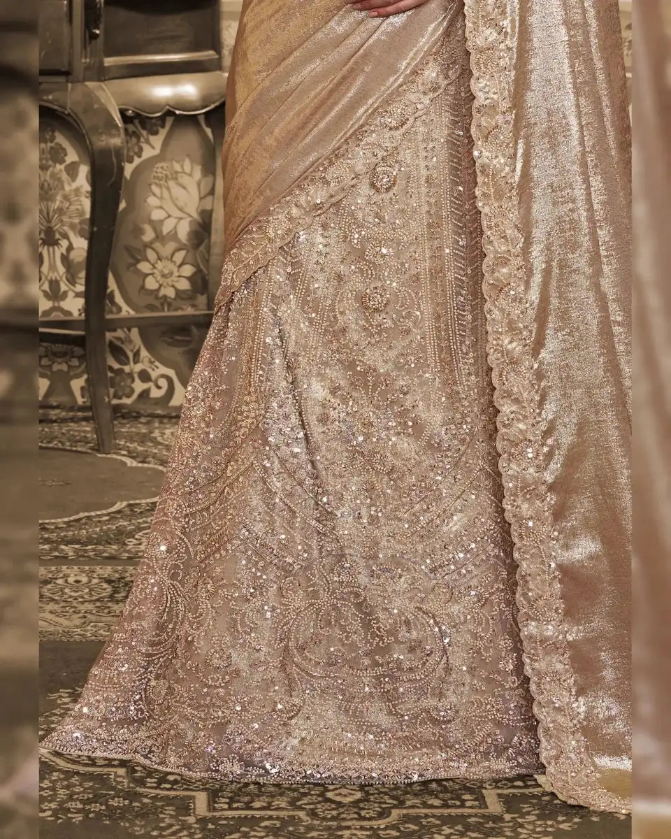 Nayoora Luxe Metallic Champagne Gold Foil Satin Ready - to - Wear Lehenga Saree - Nayoora