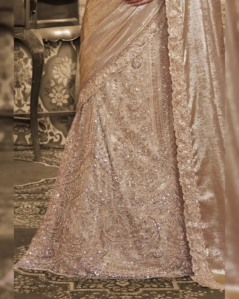 Champagne gold metallic satin lehenga saree skirt with ornate embroidered patterns