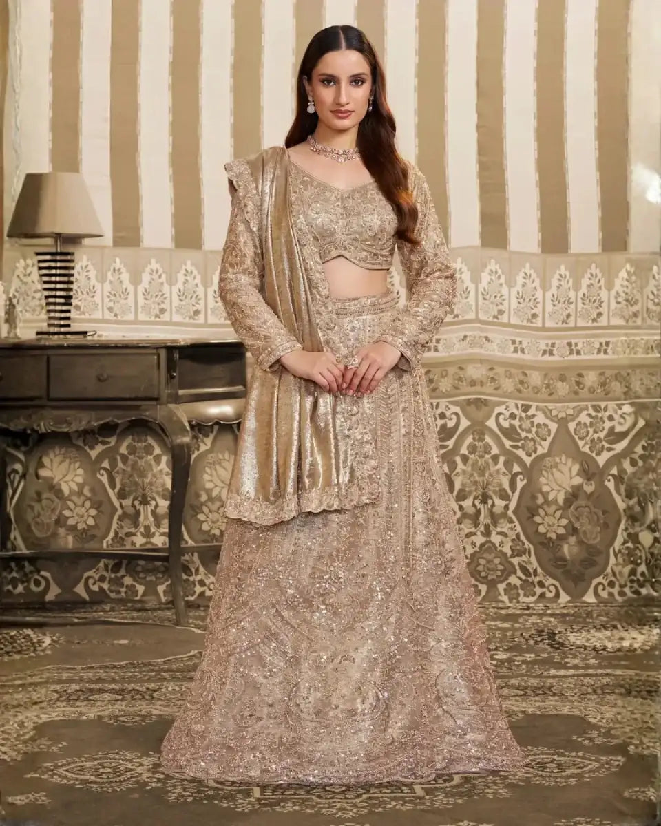 Nayoora Luxe Metallic Champagne Gold Foil Satin Ready - to - Wear Lehenga Saree - Nayoora