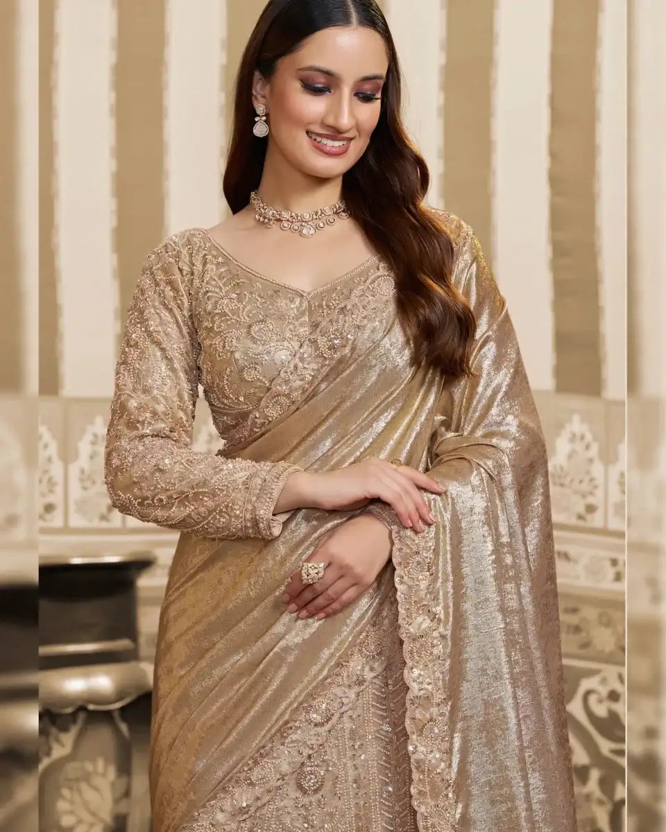 Nayoora Luxe Metallic Champagne Gold Foil Satin Ready - to - Wear Lehenga Saree - Nayoora
