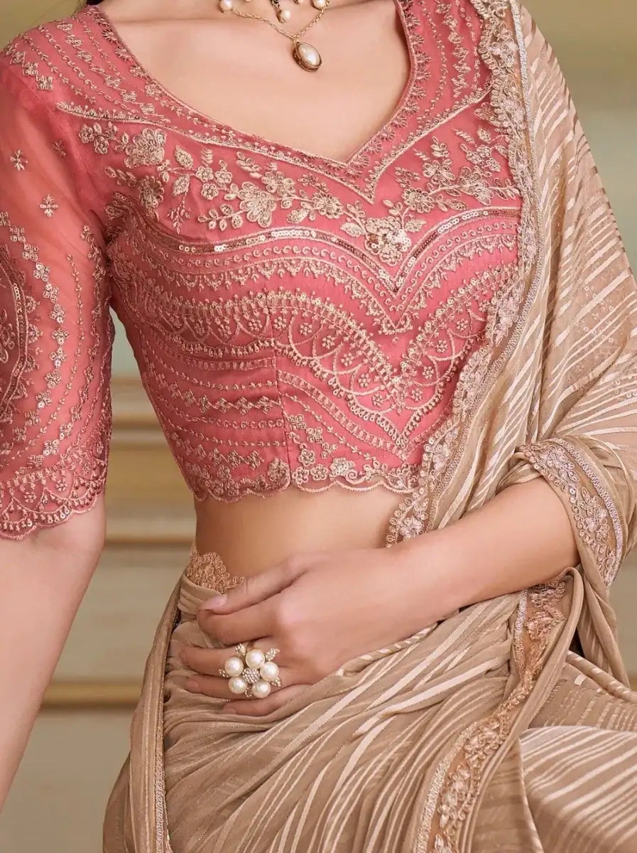 Nayoora Luxe Metallic Champagne Striped Saree with Pink Designer Blouse - Nayoora