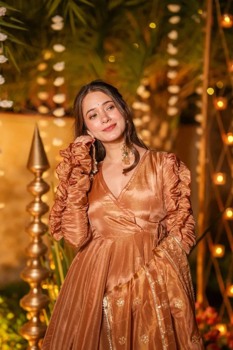 Nayoora Luxe Metallic Copper Ruched Sleeve Fendy Silk Designer Anarkali Set - Nayoora