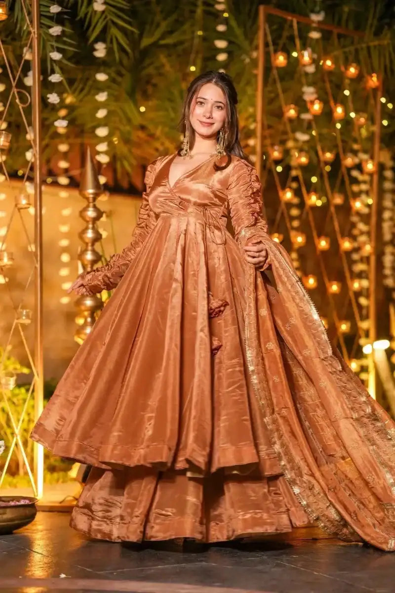 Nayoora Luxe Metallic Copper Ruched Sleeve Fendy Silk Designer Anarkali Set - Nayoora