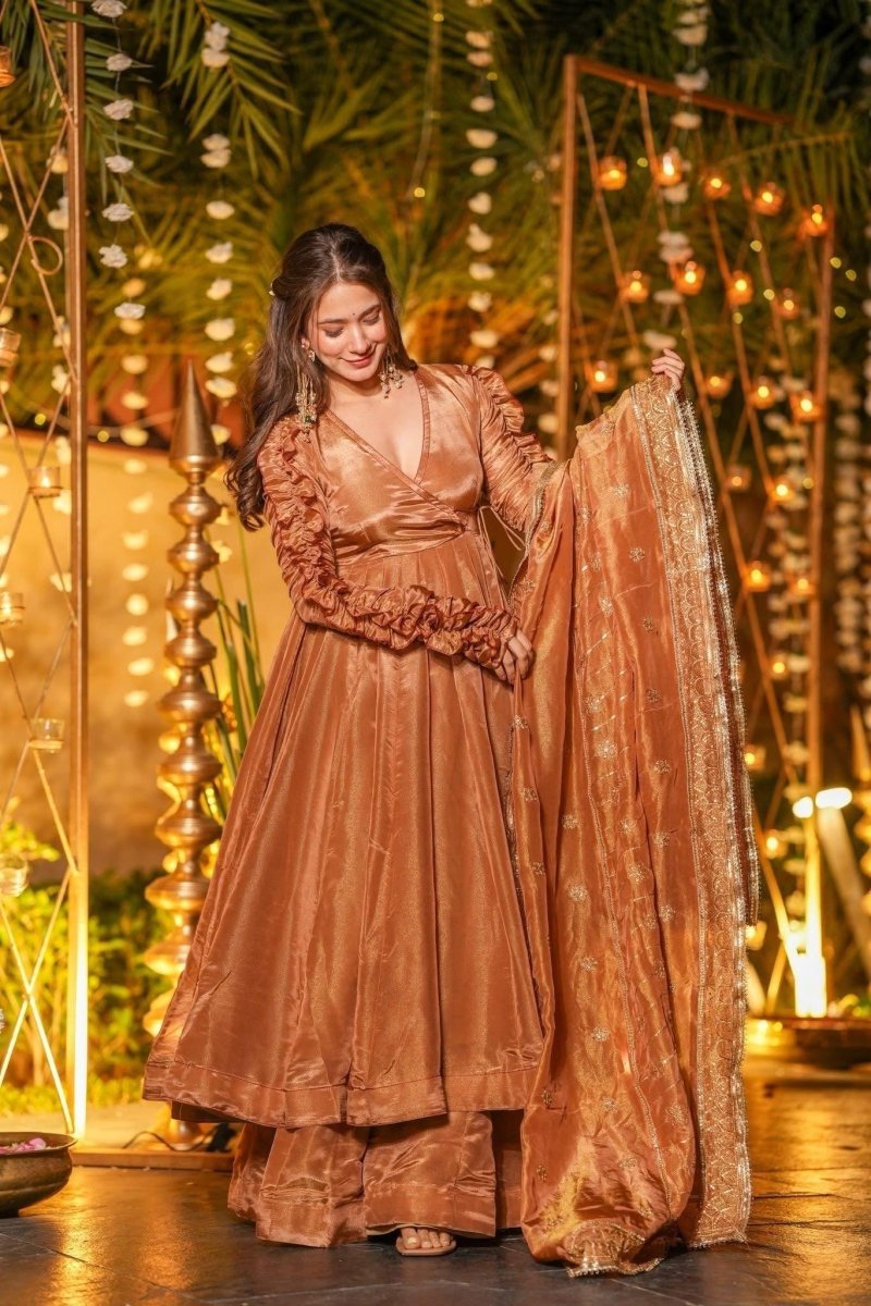 Nayoora Luxe Metallic Copper Ruched Sleeve Fendy Silk Designer Anarkali Set - Nayoora