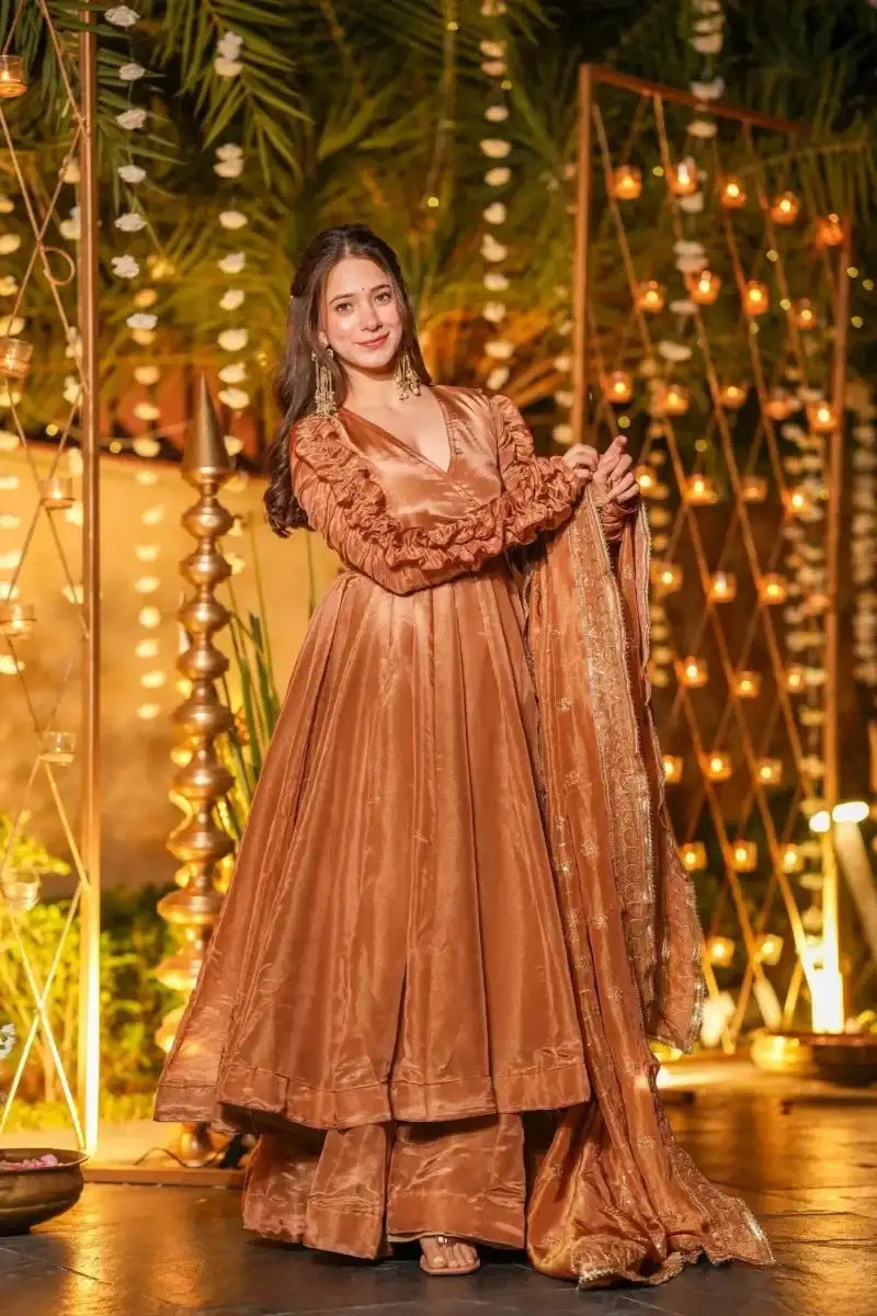 Nayoora Luxe Metallic Copper Ruched Sleeve Fendy Silk Designer Anarkali Set - Nayoora