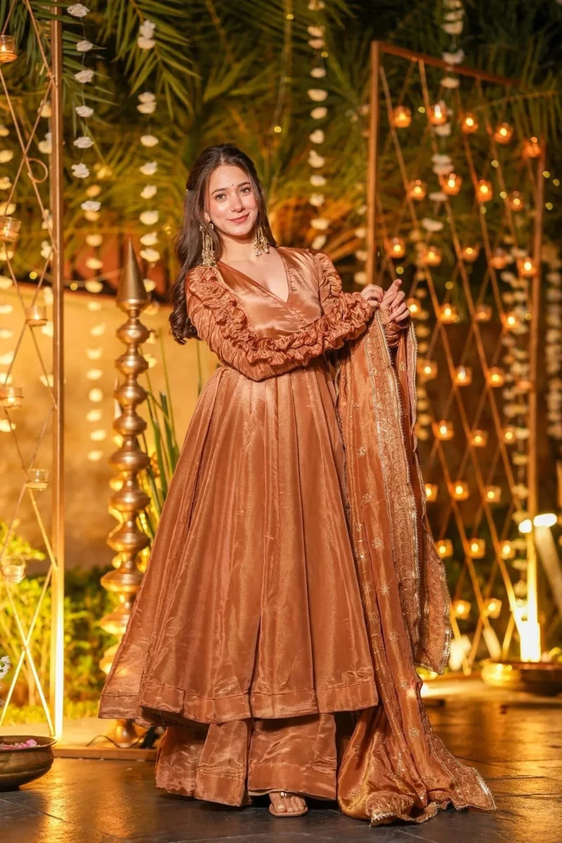 Nayoora Luxe Metallic Copper Ruched Sleeve Fendy Silk Designer Anarkali Set - Nayoora