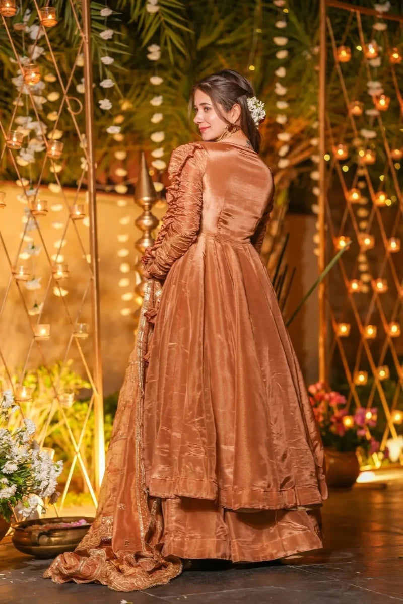 Nayoora Luxe Metallic Copper Ruched Sleeve Fendy Silk Designer Anarkali Set - Nayoora