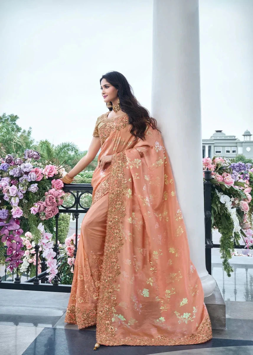 Nayoora Luxe Metallic Coral Peach Tissue Silk Saree - Nayoora
