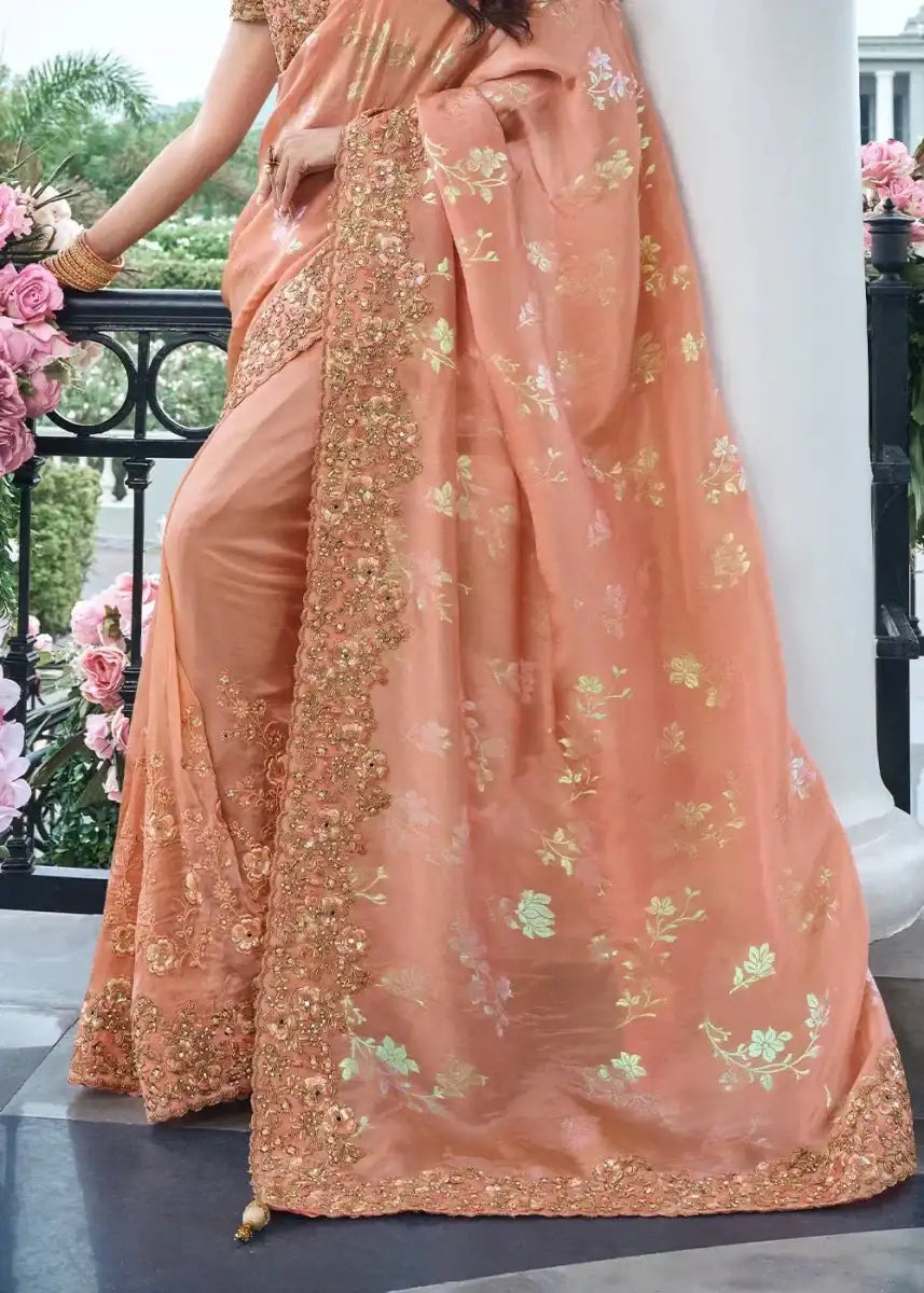 Nayoora Luxe Metallic Coral Peach Tissue Silk Saree - Nayoora