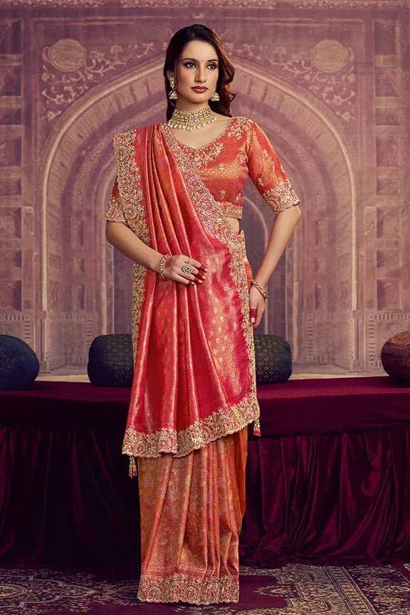 Nayoora Luxe Metallic Coral Pink Scalloped Kanjivaram Silk Saree - Nayoora