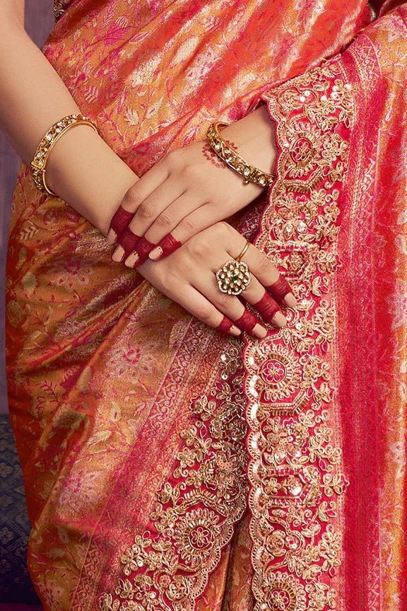 Nayoora Luxe Metallic Coral Pink Scalloped Kanjivaram Silk Saree - Nayoora
