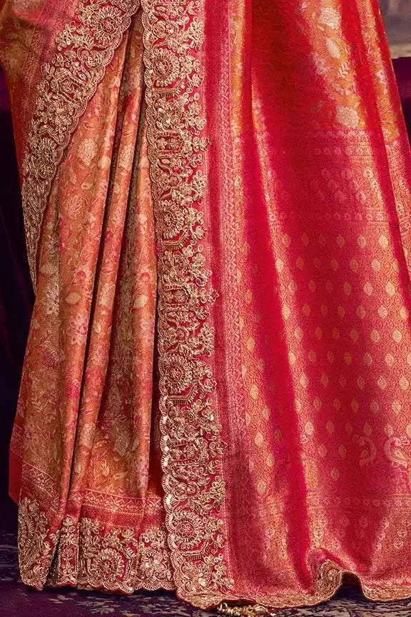 Metallic coral pink Kanjivaram silk saree fabric with gold zari motifs and scalloped trim