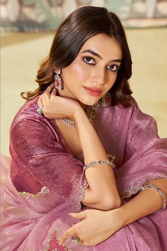 Nayoora Luxe Metallic Mauve Pink Satin Organza Swarovski Saree - Nayoora
