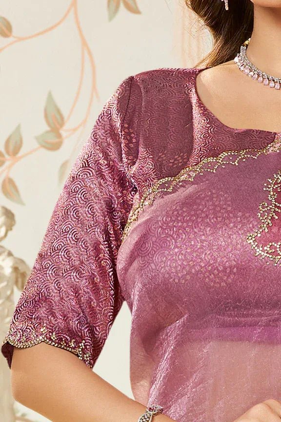 Nayoora Luxe Metallic Mauve Pink Satin Organza Swarovski Saree - Nayoora