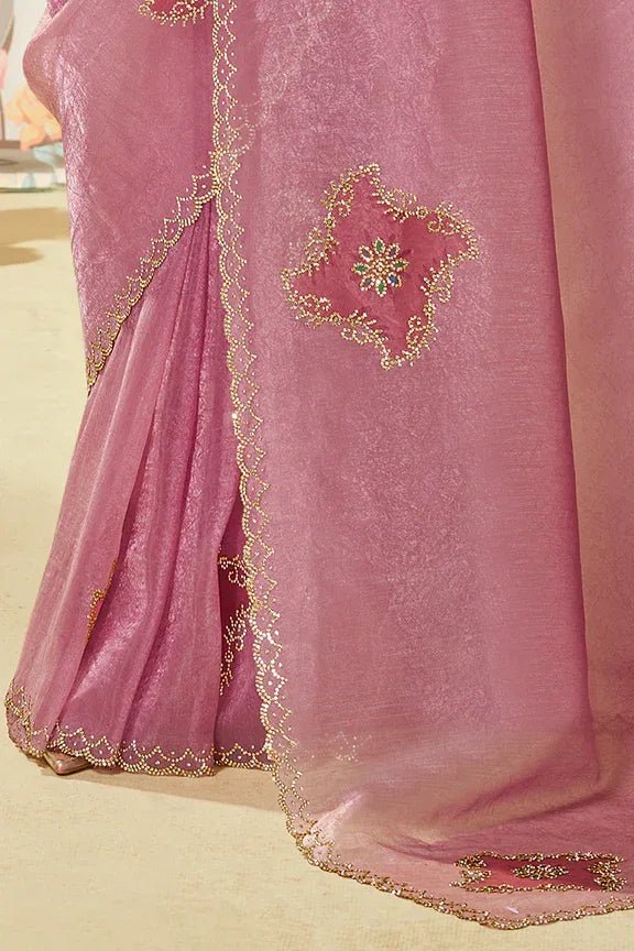 Nayoora Luxe Metallic Mauve Pink Satin Organza Swarovski Saree - Nayoora
