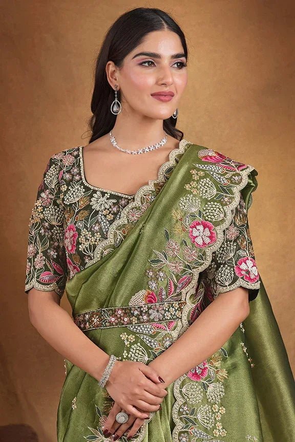 Nayoora Luxe Metallic Mehendi Green Crushed Paper Silk Saree with Belt - Nayoora