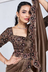 Mocha brown sequin blouse and draped saree pallu with floral beadwork