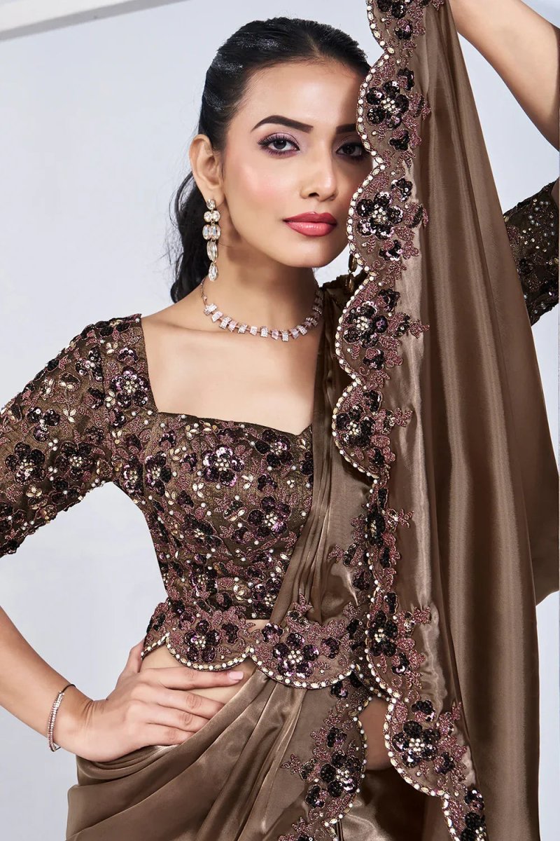 Nayoora Luxe Metallic Mocha Brown Sequin Embroidered Ready - to - Wear Saree Set - Nayoora