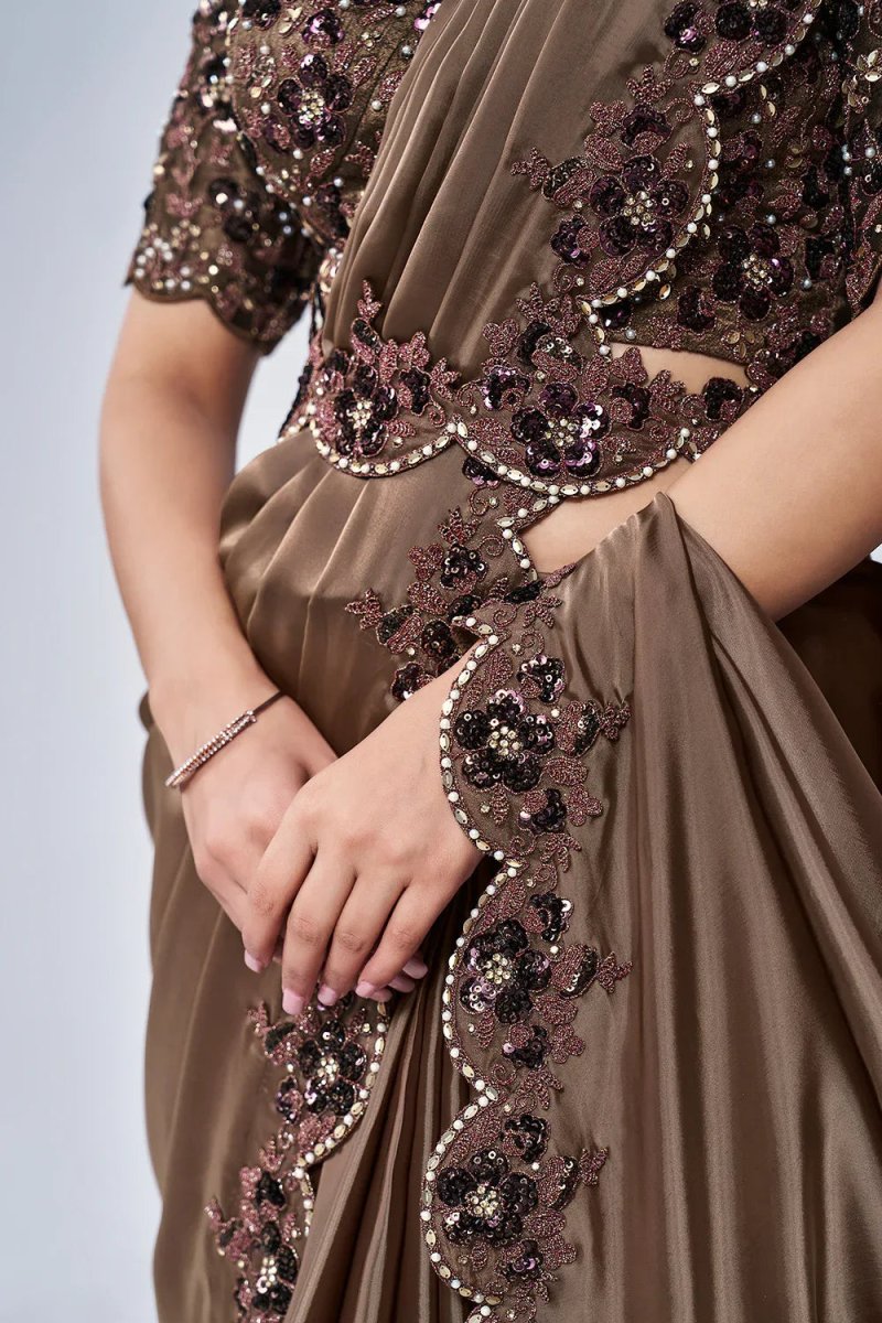 Nayoora Luxe Metallic Mocha Brown Sequin Embroidered Ready - to - Wear Saree Set - Nayoora