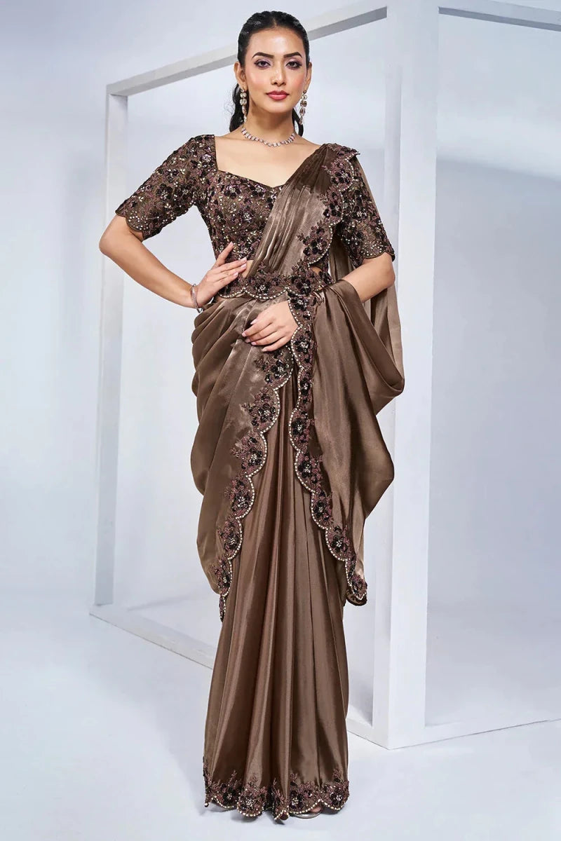 Nayoora Luxe Metallic Mocha Brown Sequin Embroidered Ready - to - Wear Saree Set - Nayoora