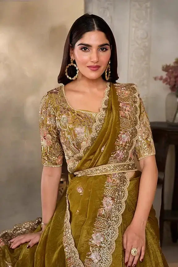 Olive-gold saree set with embroidered blouse and floral scalloped drape border