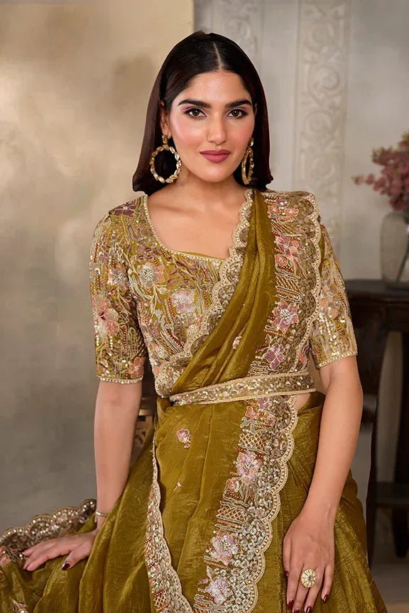 Nayoora Luxe Metallic Olive Gold Floral Scalloped Border Tissue Silk Saree Set - Nayoora