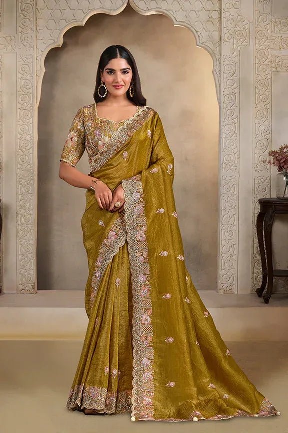 Olive-gold silk saree with metallic floral scalloped border