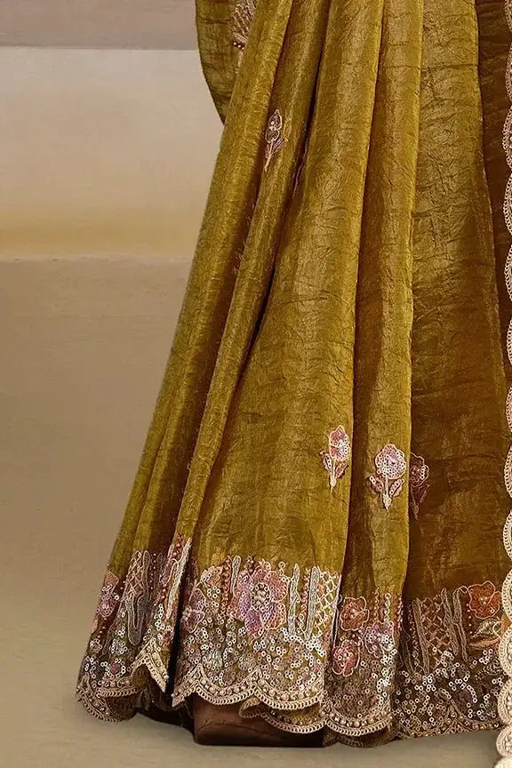 Nayoora Luxe saree set, gold pleated skirt with floral scalloped hem border