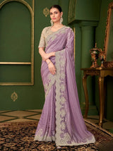 Purple crushed georgette saree with gold embroidered border, matching gold blouse