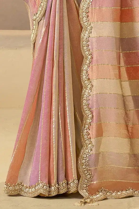 Pastel silk saree skirt with metallic multi-stripe pleats and scalloped gold border