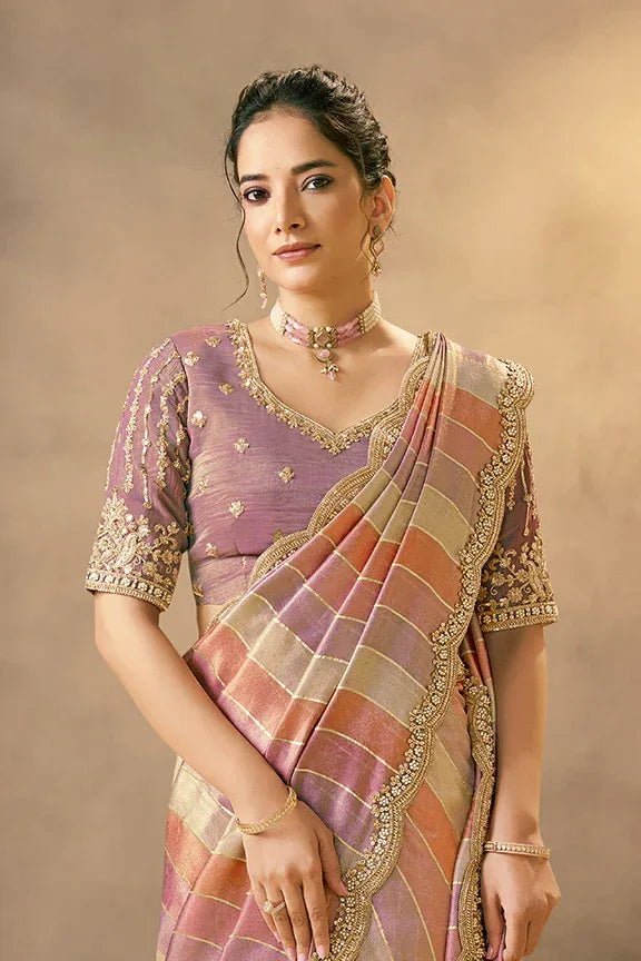 Nayoora Luxe Metallic Pastel Multi - Stripe Scalloped Silk Saree - Nayoora