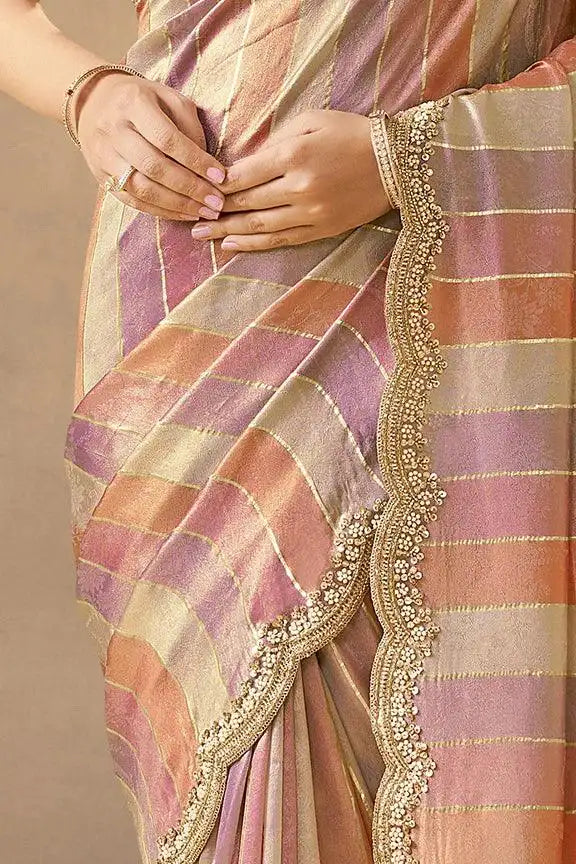 Pastel silk saree border with metallic multi-stripe weave and gold bead trim