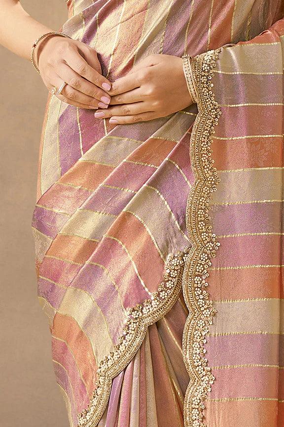 Nayoora Luxe Metallic Pastel Multi - Stripe Scalloped Silk Saree - Nayoora