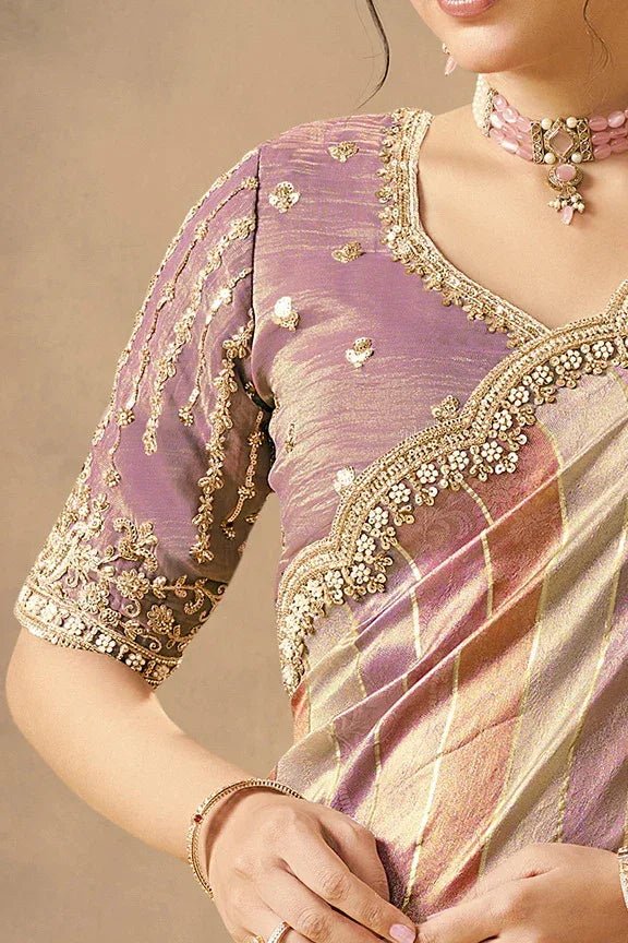Nayoora Luxe Metallic Pastel Multi - Stripe Scalloped Silk Saree - Nayoora