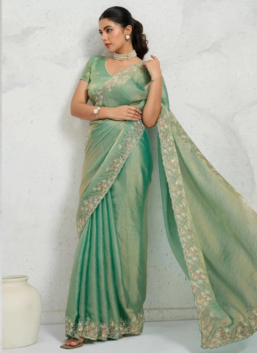 Nayoora Luxe Metallic Sea Green Shimmer Chiffon Saree - Nayoora