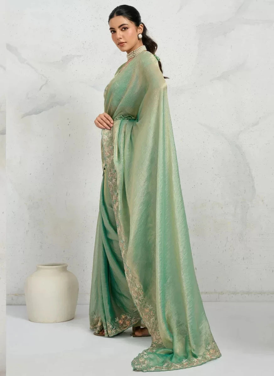 Nayoora Luxe Metallic Sea Green Shimmer Chiffon Saree - Nayoora
