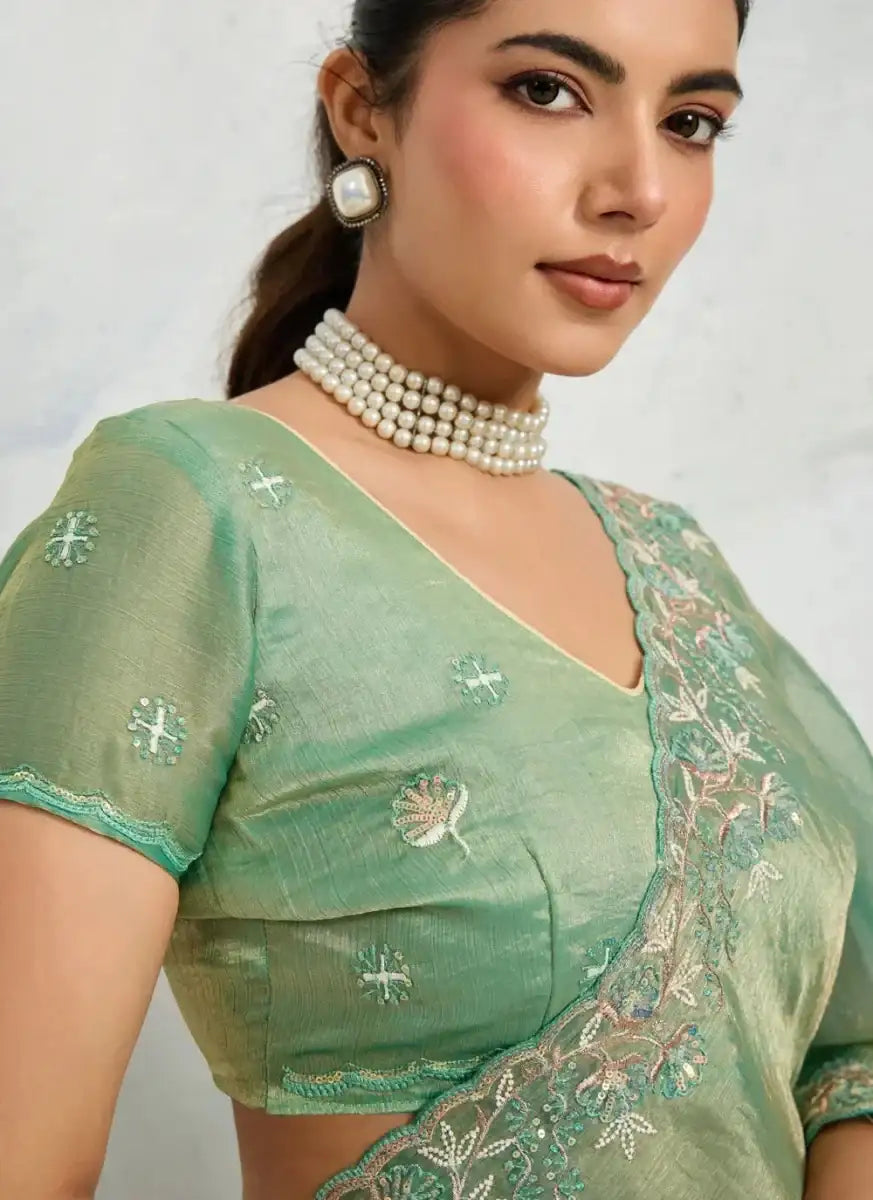 Sea green shimmer chiffon blouse with short sleeves and metallic gold embroidery, V-neck