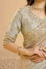 Nayoora luxe silk saree top with gold zardozi work and metallic silver fabric