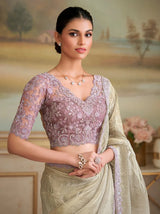 Metallic silver saree with mauve embroidered lace blouse and jewelry, front view