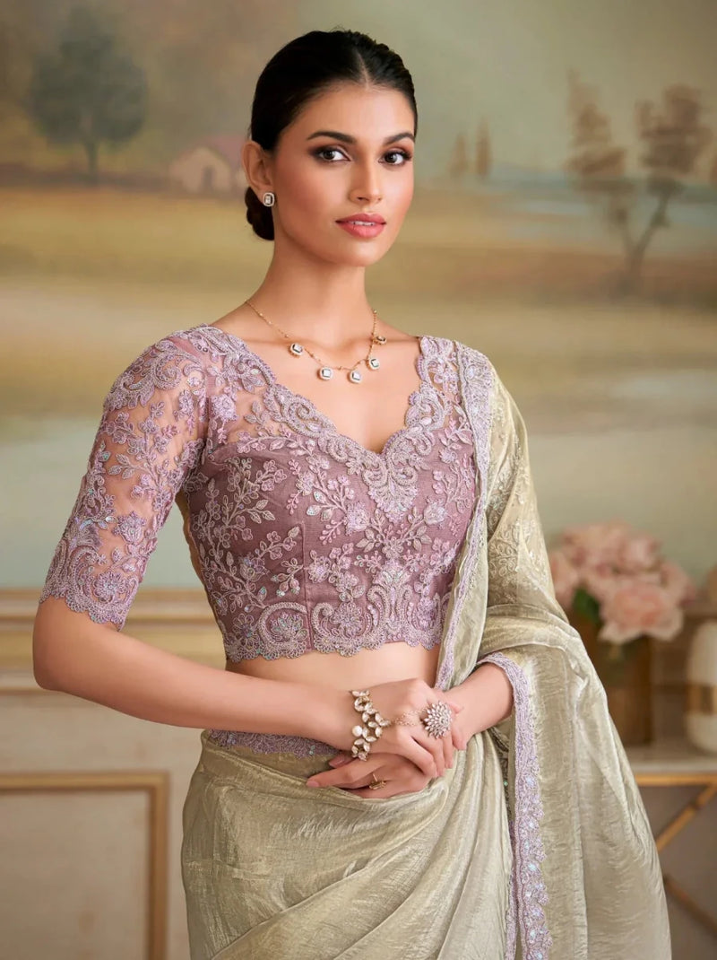 Metallic silver saree with mauve embroidered lace blouse and jewelry, front view