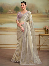 Metallic silver tissue saree with mauve lace designer blouse, full drape on model