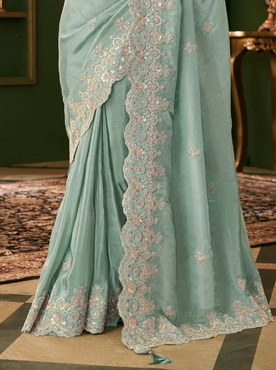 Nayoora Luxe Metallic Sky Blue Embroidered Georgette Saree with Pink Blouse - Nayoora