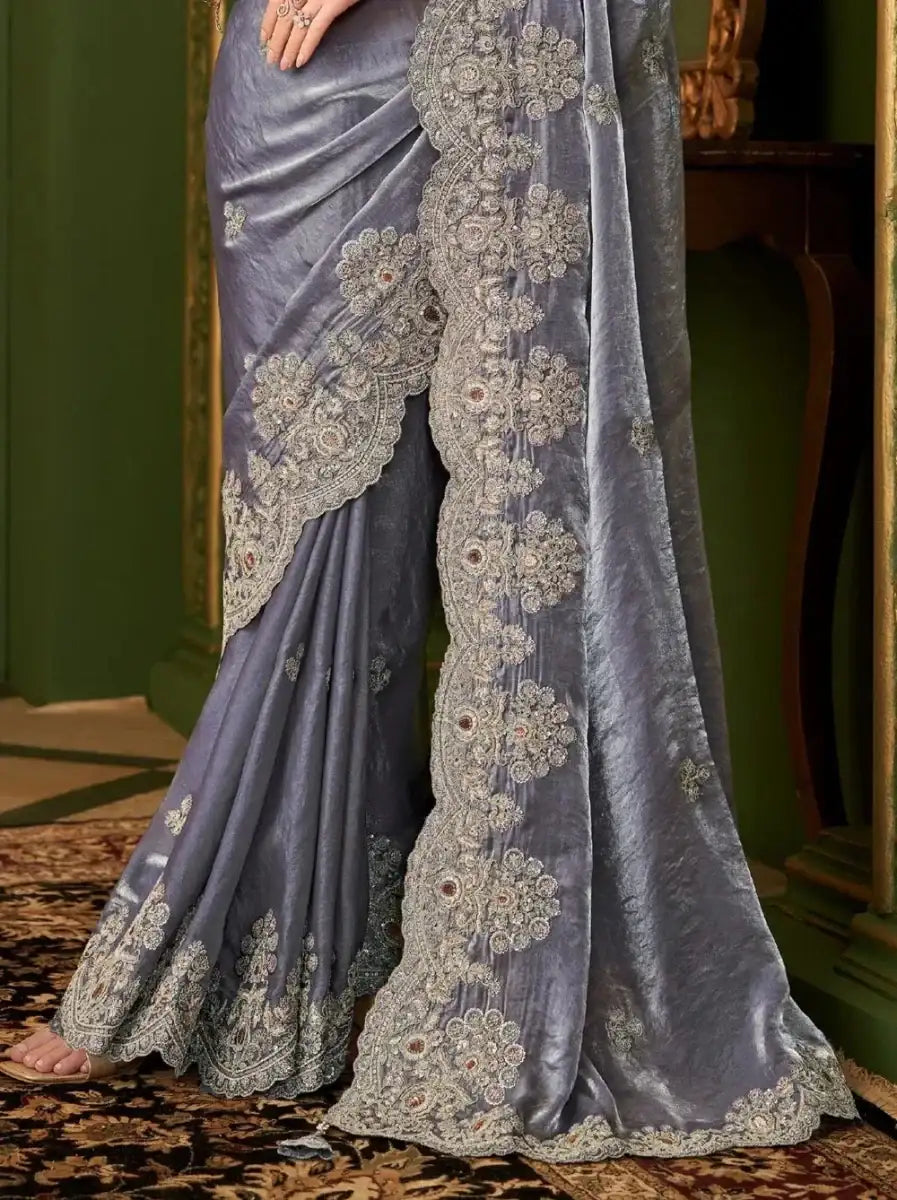 Nayoora Luxe Metallic Steel Lavender Embroidered Georgette Saree with Peach Blouse - Nayoora